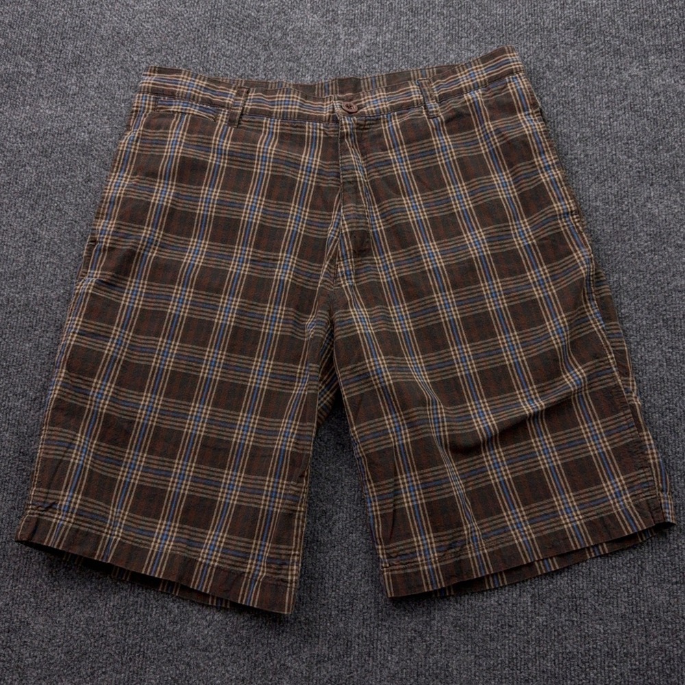 Point Zero Plaid Shorts Mens 34 Brown Blue Y2k Skater Relaxed Fit Baggy 10"